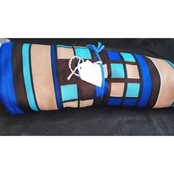 Vintage Fabric 7 Yards X 60" Polyester Blue Brown & White - Picture 2 of 6